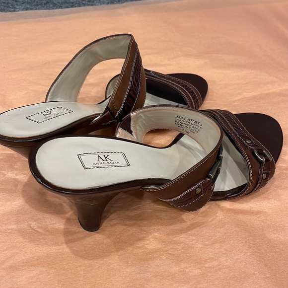 Anne Klein Brown High-Heeled Sandals | Slip-On Leather Kitty Heel - Picture 3 of 6